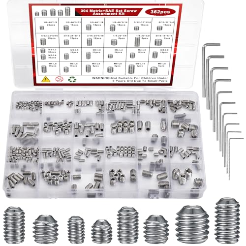 360 Pcs 25 Size Set Screw Assortment Kit Metric & SAE Allen Set Screws for Bathroom Fixture 304 Stainless Steel Internal Hex Drive Cup-Point for Door Knob, FaucetsM3-M8, 18-40 to 516-18