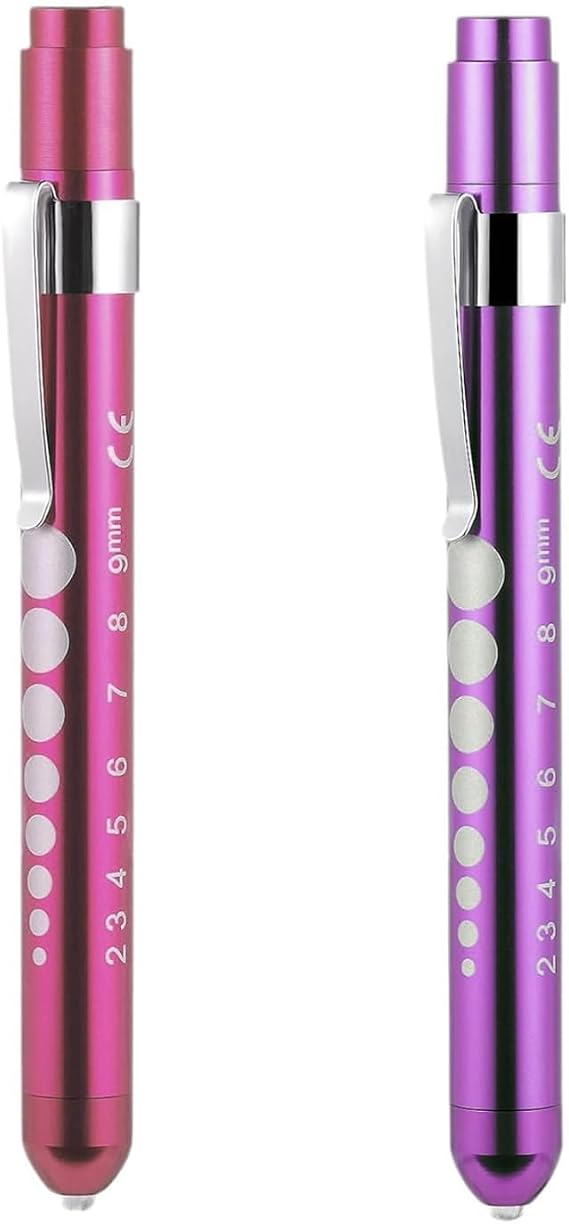2 Pcs LED Medical Pen Lights, Diagnostic Penlight with Pupil Gauge, Reusable Mini Pen Torch Flashlight for Doctor Nurse EMT Emergency First Aid (Purple+Pink) [Energy Class A]