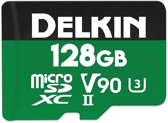 Delkin Devices 128GB Power Micro SD Card UHS-II (U3/V90) - 300MB/s Read, 250MB/s Write, 8K, 4K, 3D, HDR, 360o Recording | Micro SD Card 128GB with SD Adapter