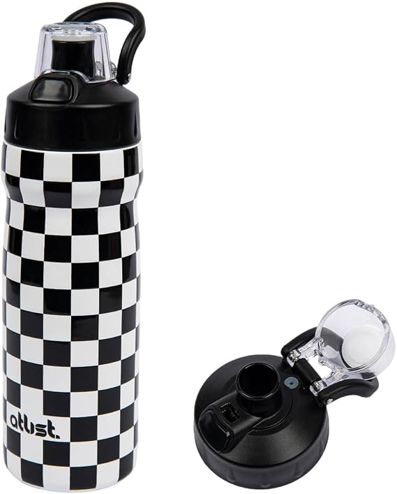 Magnetic Water Bottle with Straw 18 oz - Stainless Steel Insulated Tumbler for Gym & Bike (Fits Holders) - Leak Proof Pop-Up Lid, 2-in-1 Sip or Chug, Handle & Cute Black Checkered Print