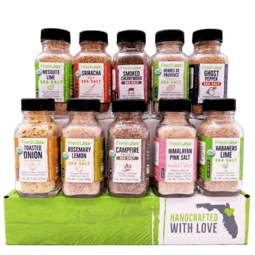 FreshJax Organic Spices | 10 Seasoned Sea Salt Seasoning Starter Pack | Sampler Sized Bottles | Non GMO, Keto, Paleo, No Preservatives, Gluten Free Spices | Handcrafted in Jacksonville