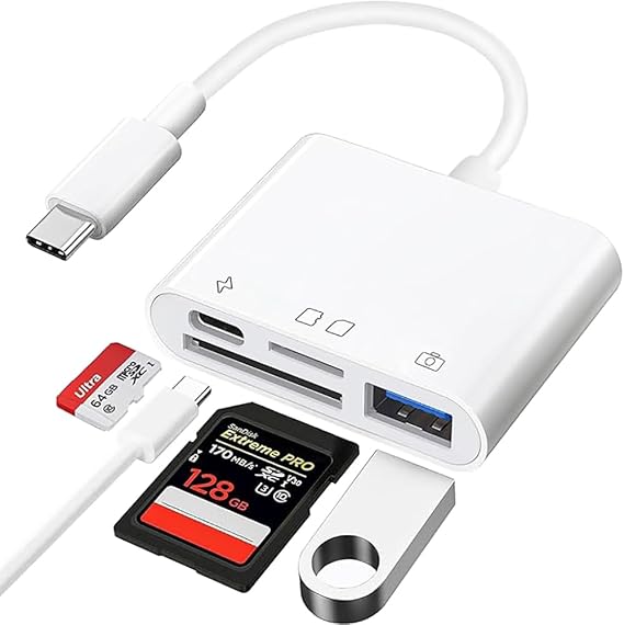 SD Card Reader Compatible with iPhone 15 Pro Max/MacBook, 4 in 1 USB C to USB OTG Adapter, SD TF Memory Camera Viewer Card Reader