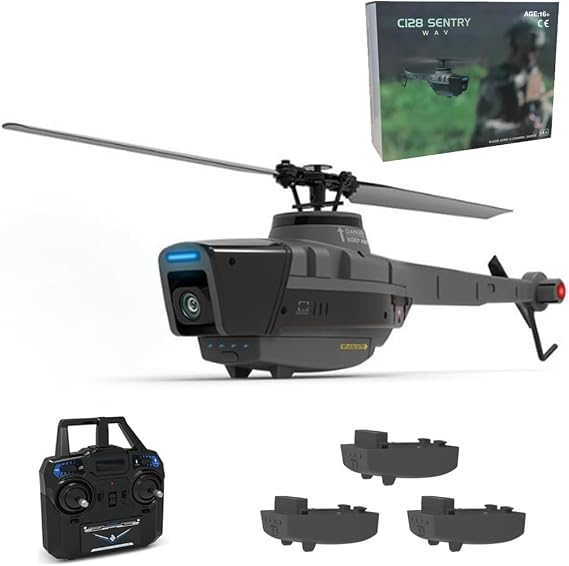 C128 RC Helicopter Model with 1080P Camera, 2.4G RC 4CH Scout Drone Single-Rotor Brushless Remote Control Military Aircraft for Boys Adults, Optical Flow Positioning - RTF