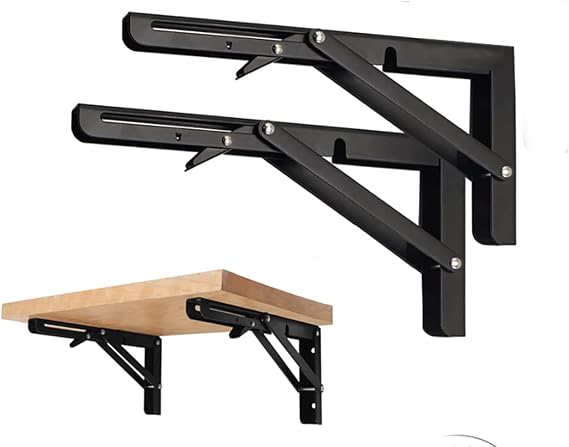 Black Folding Shelf Brackets Max. Load 220 lb, Heavy Duty DIY Wall Mounted Shelf Bracket Space Saving for Table Work Bench (6 INCH-2PCS)