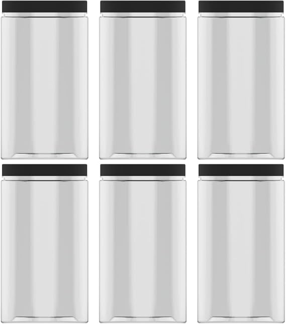 43 oz Clear Plastic Jars with Lids 6 Pack (1280ml) Food Storage Containers with Matte Black Lids and Labels for Kitchen Organization