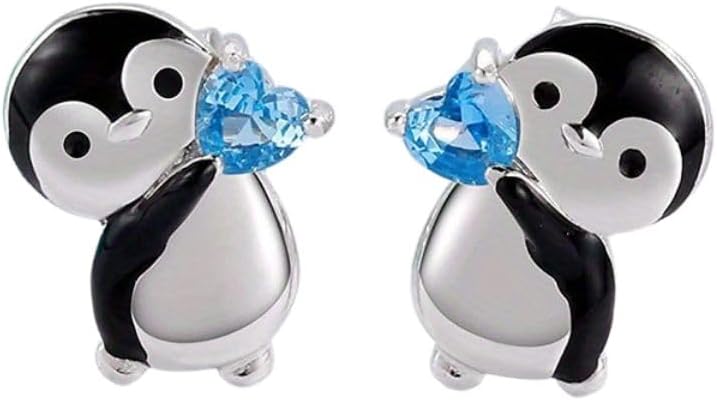 Blue Heart Crystal Penguin Stud Earrings For Women Cute Animal Zircon Pendant Earrings Jewelry