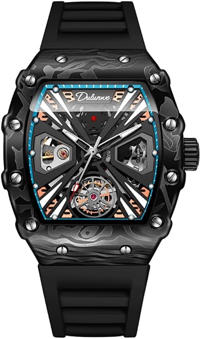 Men's Sports Style Tonneau Automatic Self-Wind Mechanical Watch, Rotating Flywheel Hollow Professional Watch with Silicone Strap, Waterproof Luminous Business Watches