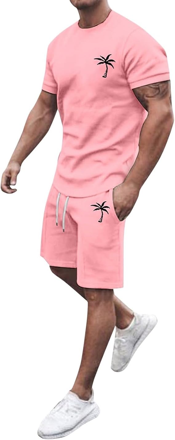 Tracksuit Men's Baggy Tracksuit Men's Cotton Crew Neck T-Shirt and Short Sports Trousers with Elastic Band Jogging Suit with Palm Tree Print Trendy Sports Suit Soft Loungewear Outdoor Sportswear
