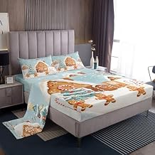 Erosebridal Cute Christmas Gingerbread Man Queen Sheet Set for Kids Boys Girls,Xmas Tree Cabin Bedding Set Holiday Candy Cane Winter Snowflake Bed Sheets New Year Glitter Stars Bed Sheet Set 4 Piece