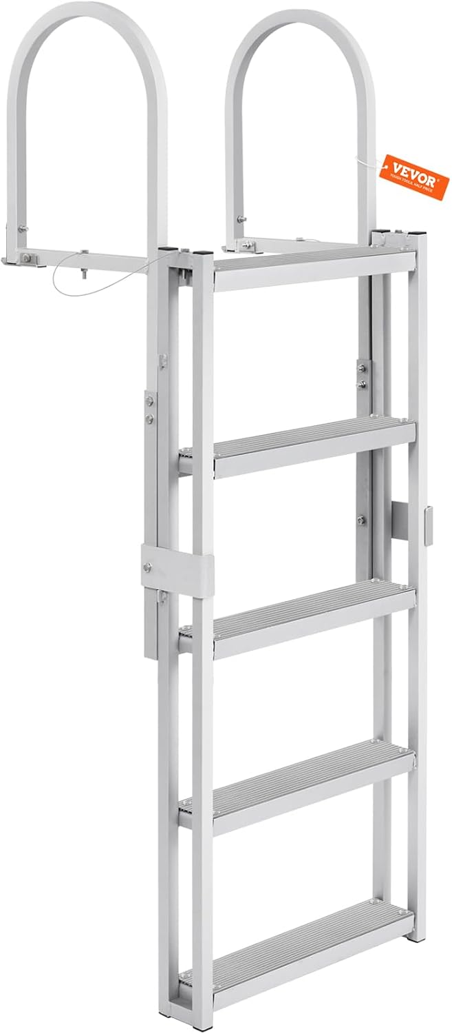 VEVOR Retractable Dock Ladder 5 Steps, Aluminum Sliding Pontoon Boat Ladder with 48-60 Adjustable Height, 4 Wide Step & Nonslip Pedals, Swim Step Ladder for BoatLakePoolMarine Boarding