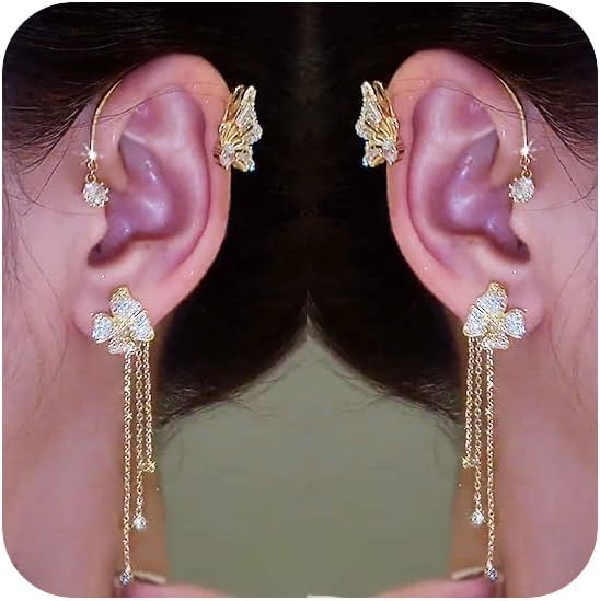 Butterfly Ear Cuff Earrings Sparkly Silver Butterfly Flower Tassle Ear Wrap Earrings Fairy Right Left No Piercing Ear Clip On
