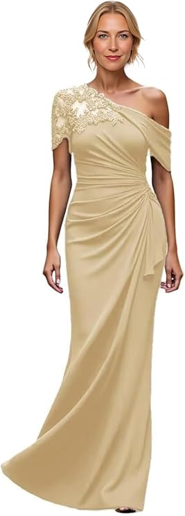 One Shoulder Mother of The Bride Dresses for Women - Long Mermaid Pleated Chiffon Formal Wedding Guest Dress
