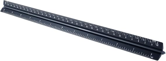 12 Inch Imperial Architectural Scale Ruler Etched Aluminum Triangular Black for Architects Draftsmen Engineers with Multiple Measurement Scales