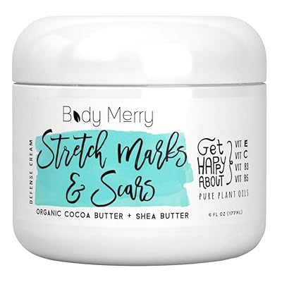 Body Merry Stretch Marks and Scars Defense Cream Daily Moisturizer with Organic Cocoa Butter, Shea and Oils - Fade Old and New Body Marks and Nourish Dry Skin Ideal Pregnancy Belly Cream, 6 oz