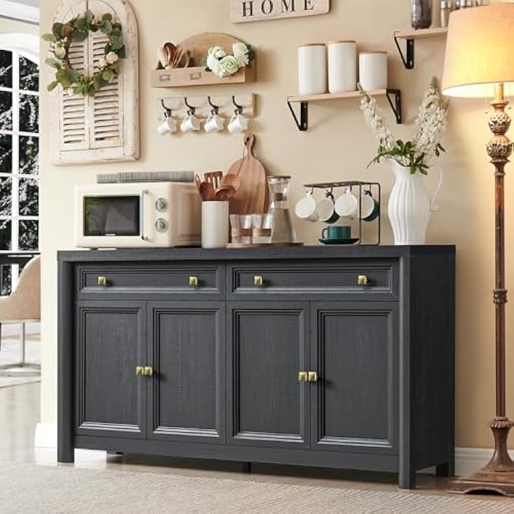 Standifurno Farmhouse Buffet Cabinet, 59 Large Sideboard Buffet Credenza Storage with Shelves & 4 Doors, Rustic Wood Coffee Bar Console for Kitchen, Living Room, Black