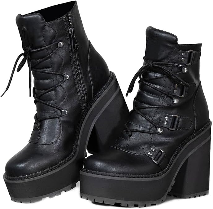 AMINUGAL Black Platform Combat Boots - Women's Punk Goth Motorcycle Riding Wedges Block Heel Booties Lace Up Ankle Boots - Size 7