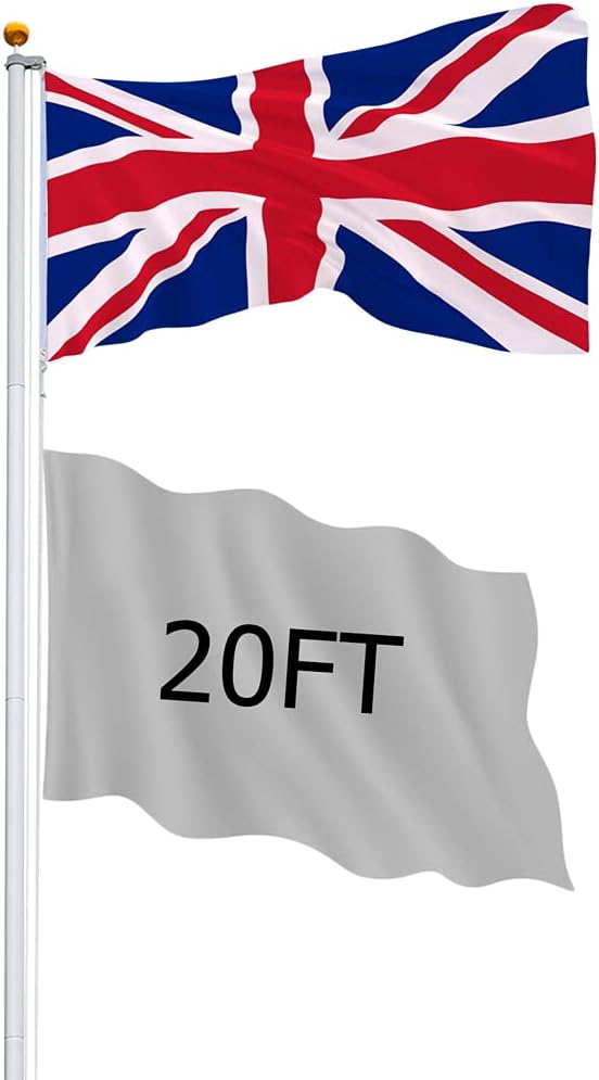 20FT Aluminium Sectional Flagpole Kit, Telescopic Flag Pole with UK Flag for Residential, Yard and Commercial Use, Silver