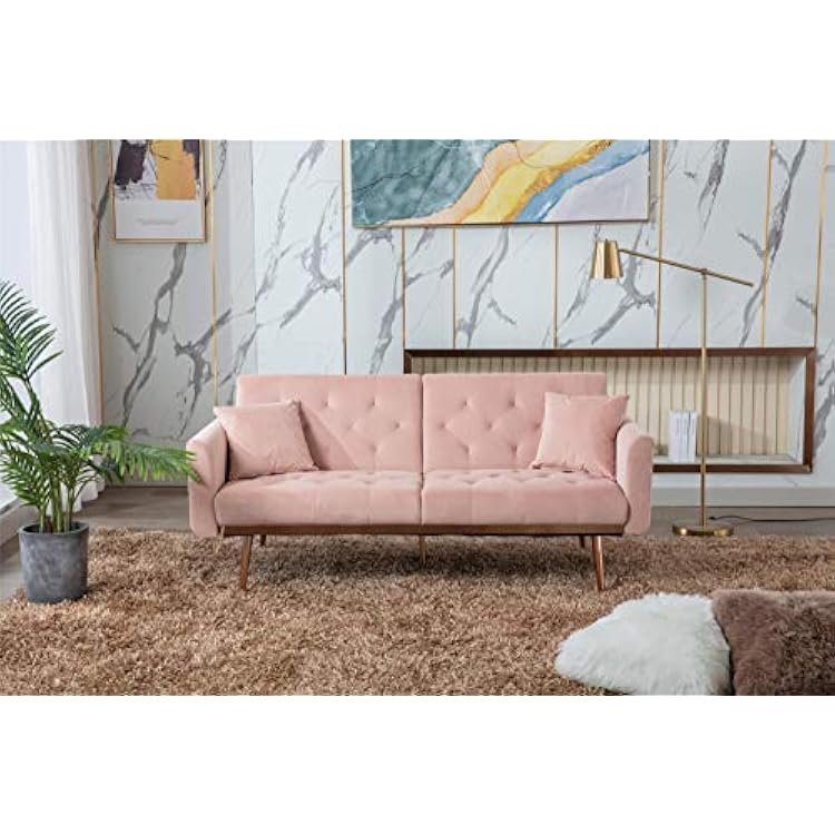 Convertible Velvet Futon Sofa Bed with 2 Pillows, Modern Tufted Upholstered Sleeper Sofa Couch with Adjustable Backrests and 5 Gold Metal Legs, Twin Size Accent Loveseat Sofa Recliner,Pink