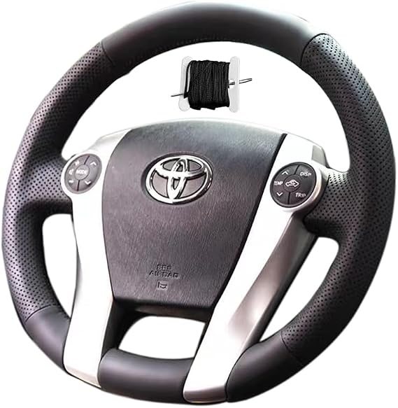 Hand Sewn Black Perforated Leather Interior Car Steering Wheel Cover, Anti Slip and Breathable Ultra-Fine Fiber Leather, Fit for Toyota Prius 30(XW30) 2009-2017/ Aqua 2014 2015/ Prius C