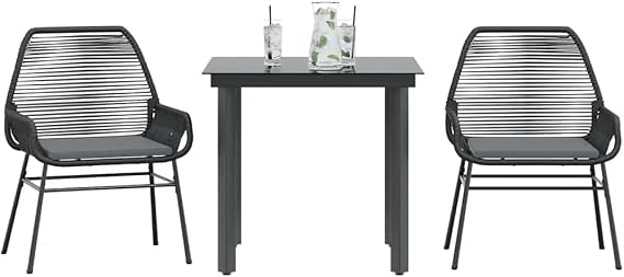 Patio Furniture Set Outdoor 3 Piece Bistro Table and Chairs with Cushions Black Poly Rattan Glass Top for Balcony Garden Porch