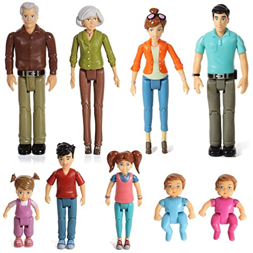 Beverly Hills Sweet Lil Family Bendable Doll House Figurines Set of 9 - Grandpa, Grandma, Mom, Dad, Sister, Brother, Toddler, Twin Boy & Girl
