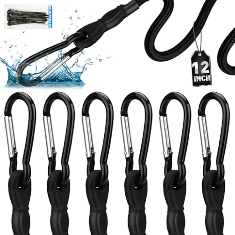 6 Piece 12 Inch Carabiner Bungee Cords with Hooks, Heavy Duty Outdoor Bungee Cords with Carabiner Hooks, 6 Nylon Cable Ties, UV & Weather Resistant