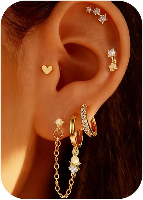 Small Gold Hoop Earrings for Women Hypoallergenic 14K Gold Plated Stud Huggie Earring Sets for Multiple Piercing Dainty Cute Earring Stacks Cartilage Studs Trendy Gold Jewelry Gifts