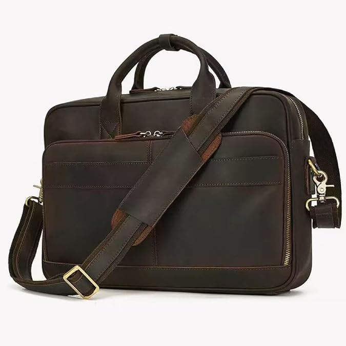 Leather Briefcase for Men, Vintage Mens Laptop Bag Messenger Bag Large Crossbody Shoulder Office Computer Bag Retro College Satchel Bag for Work BusinessTravel,Deep Brown