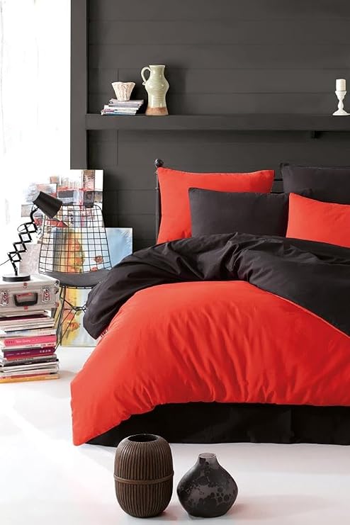 Mulberry Duvet Cover Set Double Sided Double 200x220 with Elastic Sheet - Black Red