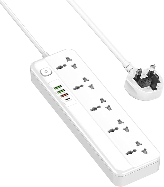 XINGHE Universal Extension Lead|Universal Power Strip with Usb Slots|2m Extension Cable|5 Universal Sockets | Surge Protector | 4 USB Ports (1xUSB-C PD 20W | 1xUSB-A QC 18W) |Child Safe Door