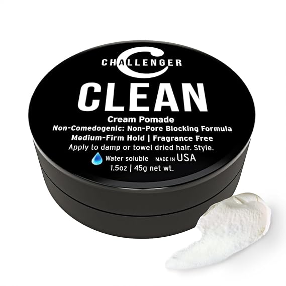Challenger Mens Clean Cream Pomade, 1.5 Ounce | Fragrance Free, Non-Comedogenic Hair Styling Product | Medium Firm Hold & Natural Finish | Shine Free, Unscented, Water Based & Travel Friendly