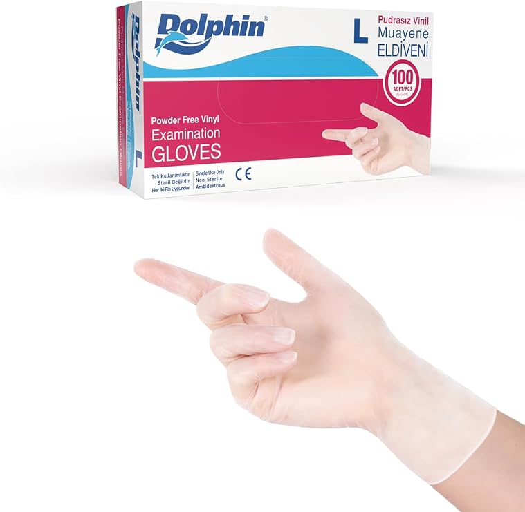 Dolphin Beyaz Vinil Eldiven Pudrasız L Beden 100’lü