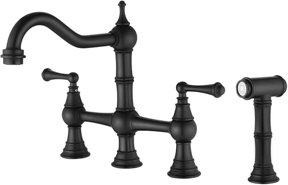 Bridge Dual Handles Kitchen Faucet with Pull-Out Side Spray Matte Black Finish for Increased Functionality