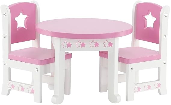 Emily Rose 14 Doll Dining Set - Pink & White Kitchen Table with 2 Chairs - Star Collection Wooden Furniture for Wellie Wishers & 14-15" Dolls - USA Brand