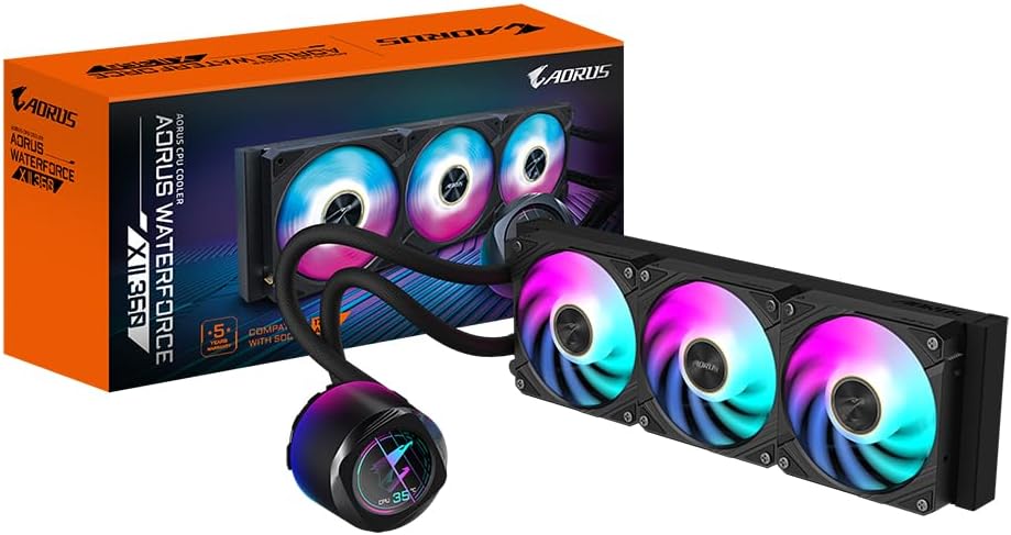 AORUS WATERFORCE X II 360 Magnetic Locking Mechanism Fan, 60 x 60mm Full Color LCD Screen, Professional Gaming Liquid CPU Cooler