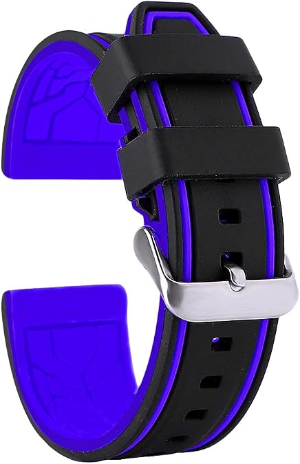 20mm 22mm 24mm 26mm Silicone Watch Strap Waterproof with Stainless Steel Buckle Bicolor Black with Blue/White/Orange/Yellow/Red/Grey