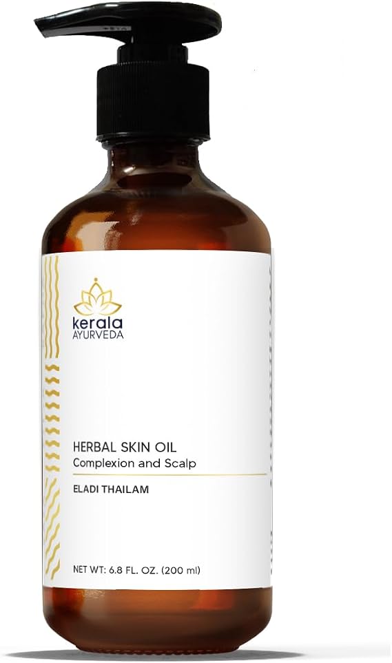 Kerala Ayurveda Herbal Skin Oil (Eladi Thailam) - Sesame Oil Based Ayurvedic Massage Oil for Radiant Body & Healthy Scalp - Moisturizes Dry Skin & Hair, Balances Vata and Kapha, 6.76 Fl Oz