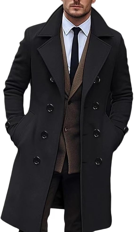 Men's Wool Blend Pea Coat Notched Collar Single Breasted Overcoat Warm Winter Trench Coat