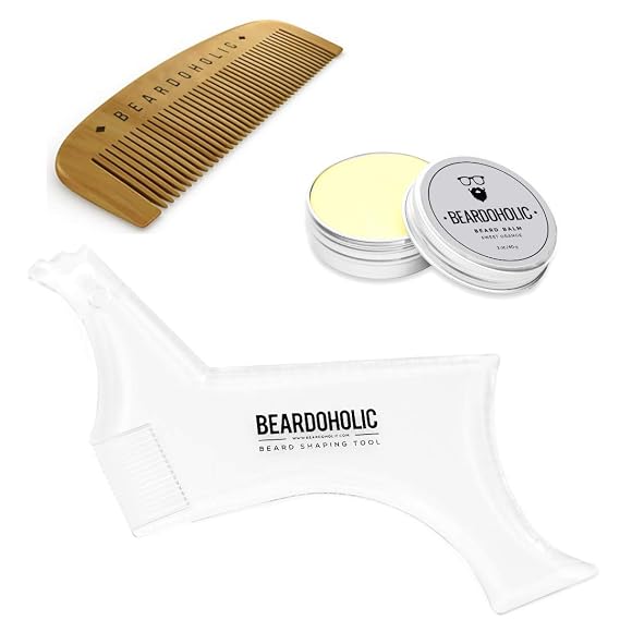 Beardoholic Beard Balm, Comb and Shaping Tool Set 100% All Natural, 100% Pearwood Anti-Static, Eliminates Tangles and Ingrown Hairs, Itch and Dandruff Shape and Style Beard With Ease