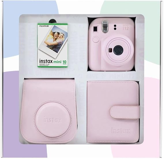 Instax mini 12 Camera 10-Piece Film Square Album and Leather Case Bundle Box (Pink)