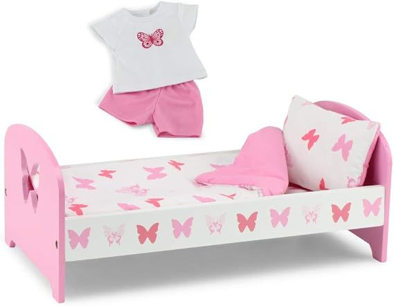 Emily Rose 18 Inch Doll Bed - Pink Wooden Butterfly Doll Bedroom Furniture with Reversible Bedding Set, Mattress, Pillow & Matching Doll Pajamas - Fits American Girl Dolls - Complete Gift Set