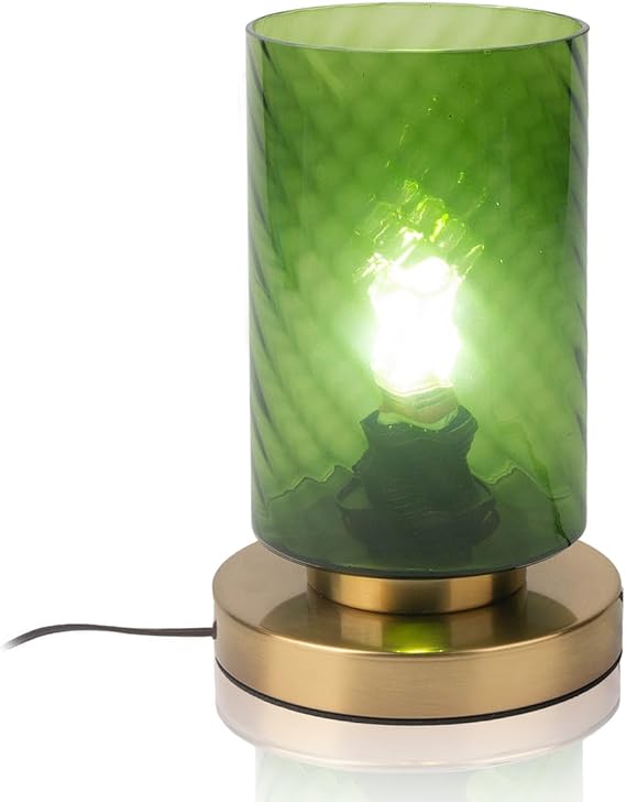 Small Mid Century Table lamp Green Glass Bedside Desk Lamp Long Cylindrical Glass Shape Mid Century Nightstand Desk Lamp for Living Room Bedroom Office (Green)