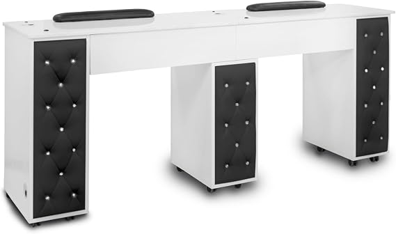 Drexel Manicure Table (Double) Tufted Side Panel Nail Desk with Marble Top, Modern Black Diamond