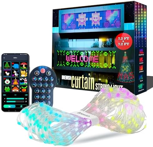Brewish 400 LED Curtain Fairy Lights | 7.2 x 7.2 Feet Programmable DIY Christmas String Light | Color Changing Music Sync Text, Cartoon Display Options | Remote & App Controlled | IP65 Waterproof