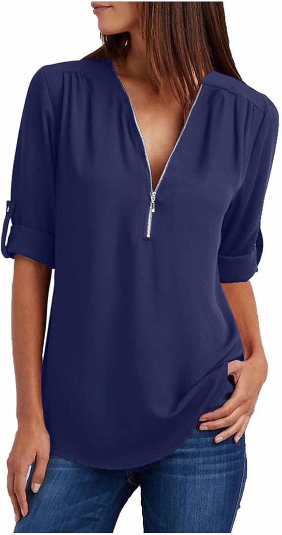 PBNBP Half V Neck Zip Chiffon Tops for Women Long Sleeve Summer Fall Loose Fit Shirts Cuff Sleeve Cute Solid Color Blouses
