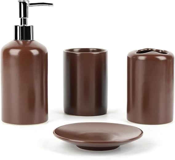 WPM 4 Piece Ceramic Bathroom Accessories Set - Brown - Our Complete Bath Decor Kit Includes Designer Soap or Lotion Dispenser - Toothbrush Holder - Tumbler - Soap Dish