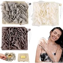 3 Pcs Washcloth Loofah Combo, 2 in 1 Bath Loofah Sponge with Drawstring, Exfoliation Mesh Shower Puff Ball for Body Wash Cleansing and Smooth Skin (Grey Coffee Beige)