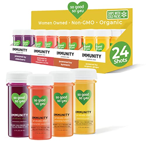 So Good So You Immunity Juice Shot Variety Pack, Ginger, Elderberry, Vitamins C & D3, Turmeric, Organic, Cold-Pressed, Probiotic, Immune Support, 1.7oz, Pack of 24