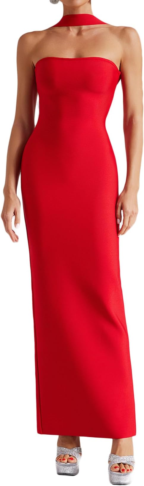 Black Strapless Sleeveless Maxi Evening Dress Sexy Halter Neck Slim Tight Party Banquet Bandage Dress