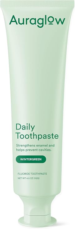 Auraglow Daily Toothpaste, Anticavity Fluoride Toothpaste, Helps Prevent Cavities, Helps Strengthen Enamel, Freshens Breath, for Adults, Kids Oral Care, Wintergreen Flavor, 4 oz (1 Pack)